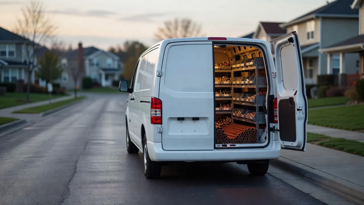 White work van at dawn on a quiet street, rear door open on racks of copper pipe and brass fittings