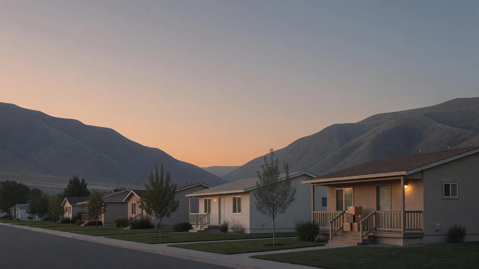 Moving boxes stacked on a Provo porch at dusk, a quiet street and the Wasatch mountains behind