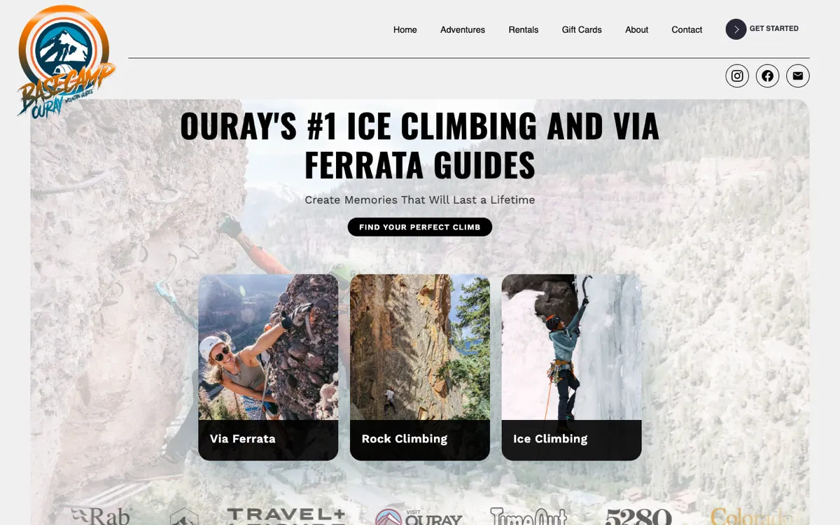 Basecamp Ouray homepage on a desktop: headline about Ouray ice climbing and via ferrata guides over a cliff photo