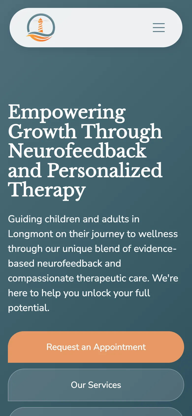 The same Lighthouse Neurofeedback homepage on a phone, with an orange Request an Appointment button