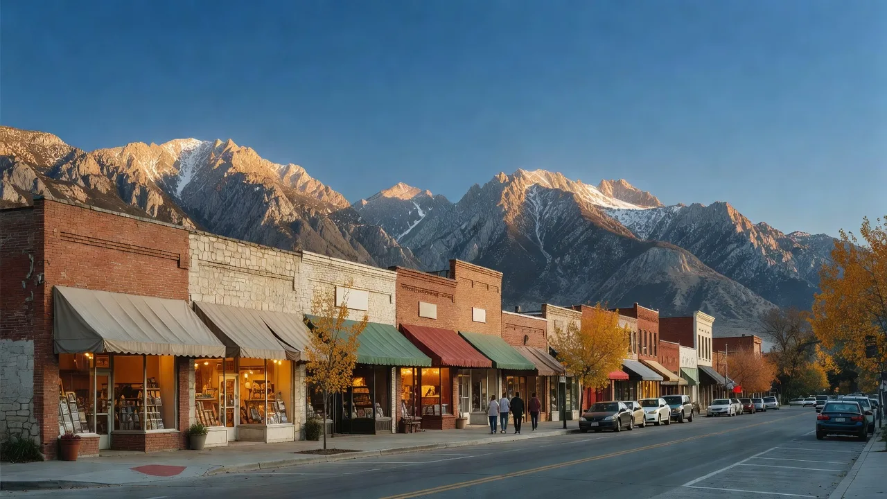 Brick storefronts with lit windows and awnings below the Wasatch peaks in late-afternoon sun