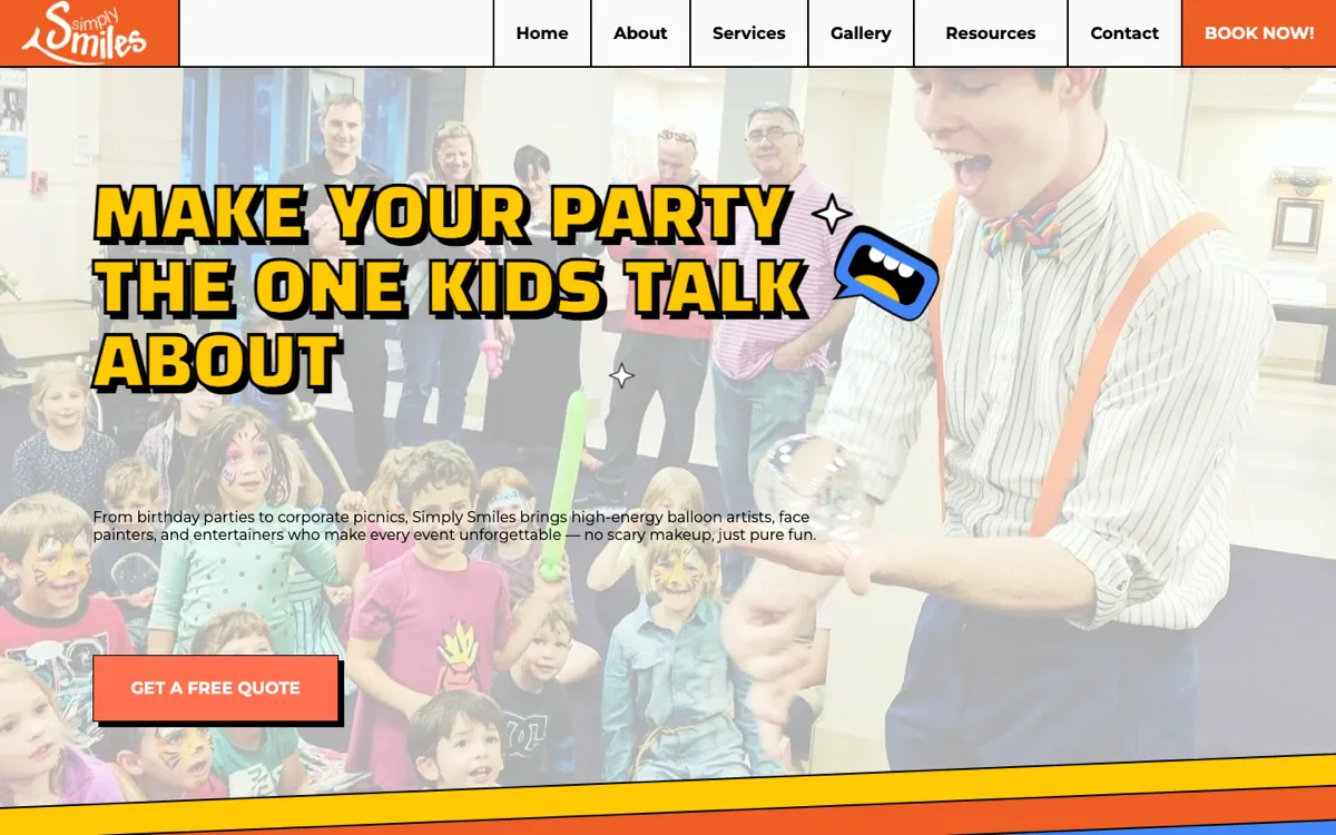 Simply Smiles homepage on a desktop: bold yellow headline over a photo of kids watching an entertainer