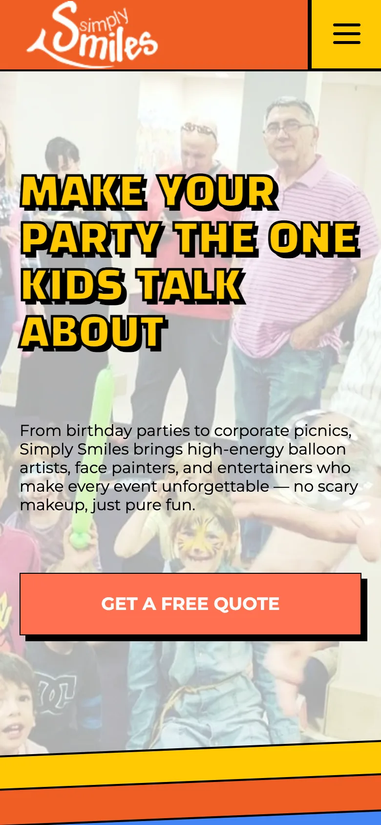 The same Simply Smiles homepage on a phone, with an orange and yellow header