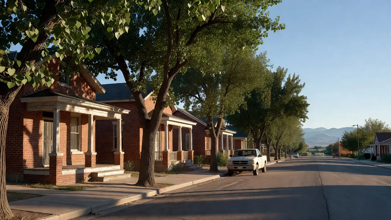 Brick bungalows under cottonwoods on a Pueblo side street, a white work truck at the curb