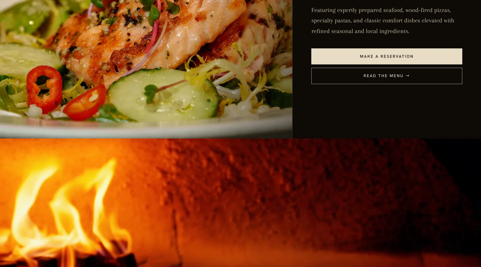 240 Union's homepage on a laptop: grilled salmon beside the reservation and menu buttons, the wood-fired oven below