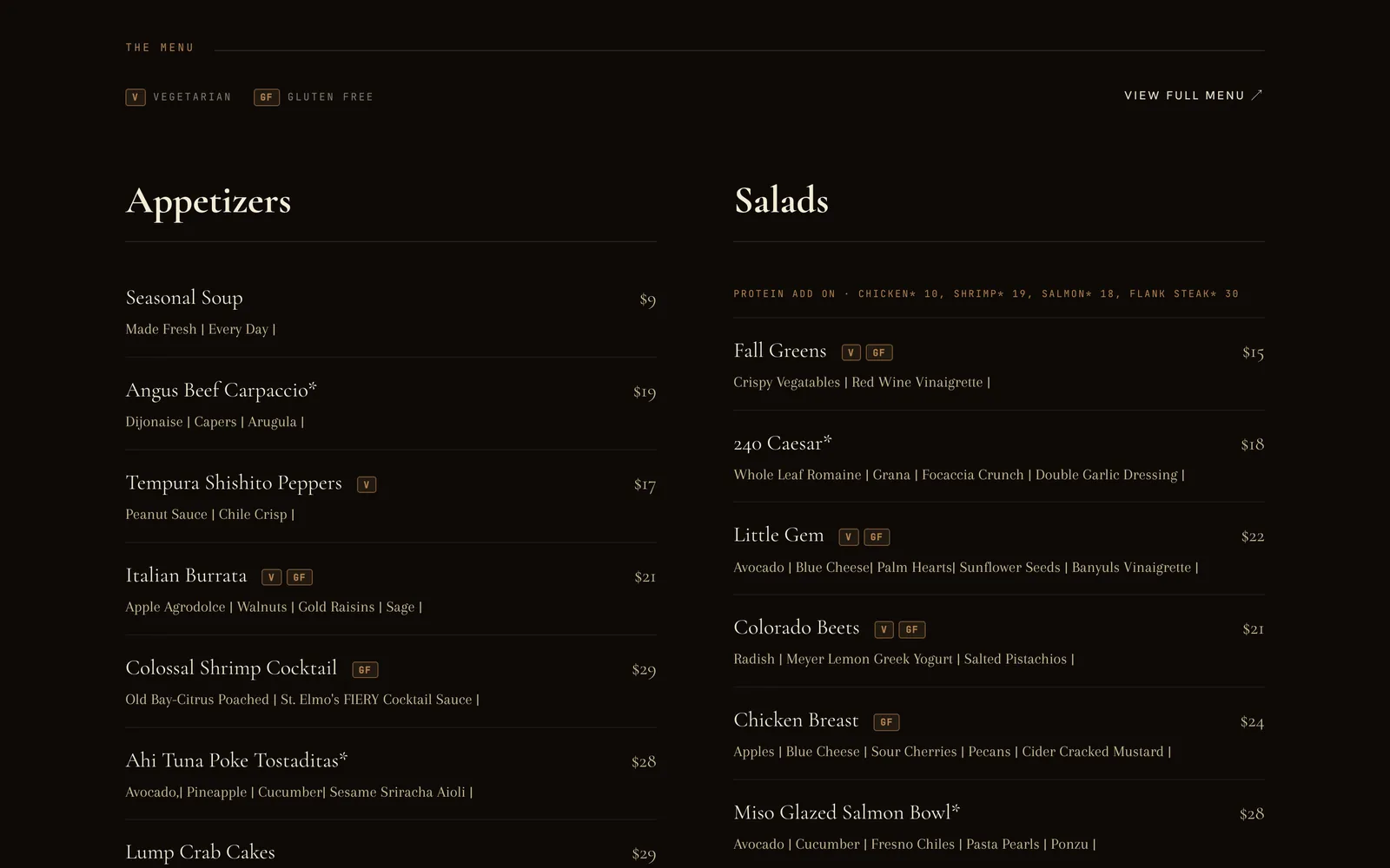240 Union's menu on a laptop: Appetizers and Salads side by side, each dish with a price and V or GF tags