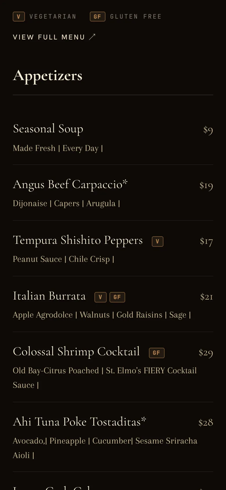 240 Union's menu on a phone: Appetizers as real text, each with a price and vegetarian or gluten-free tags
