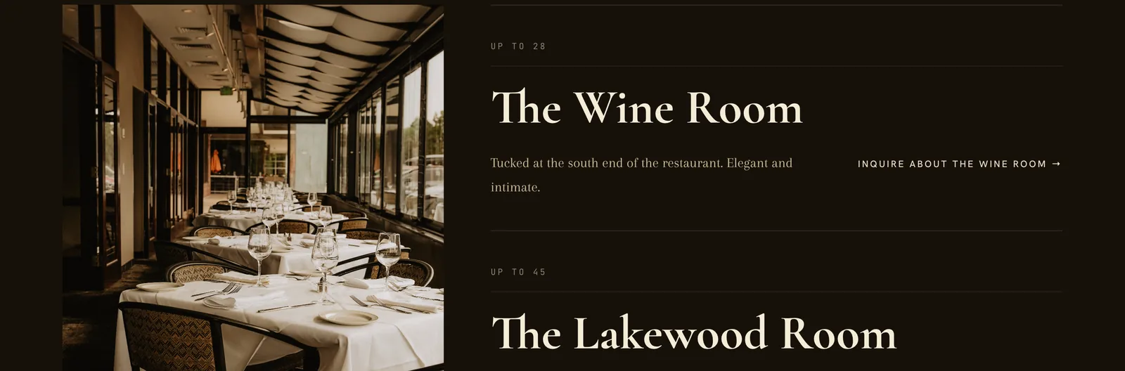 240 Union's private dining list on a laptop: a photo of the Wine Room, up to 28 guests, with its own inquiry link