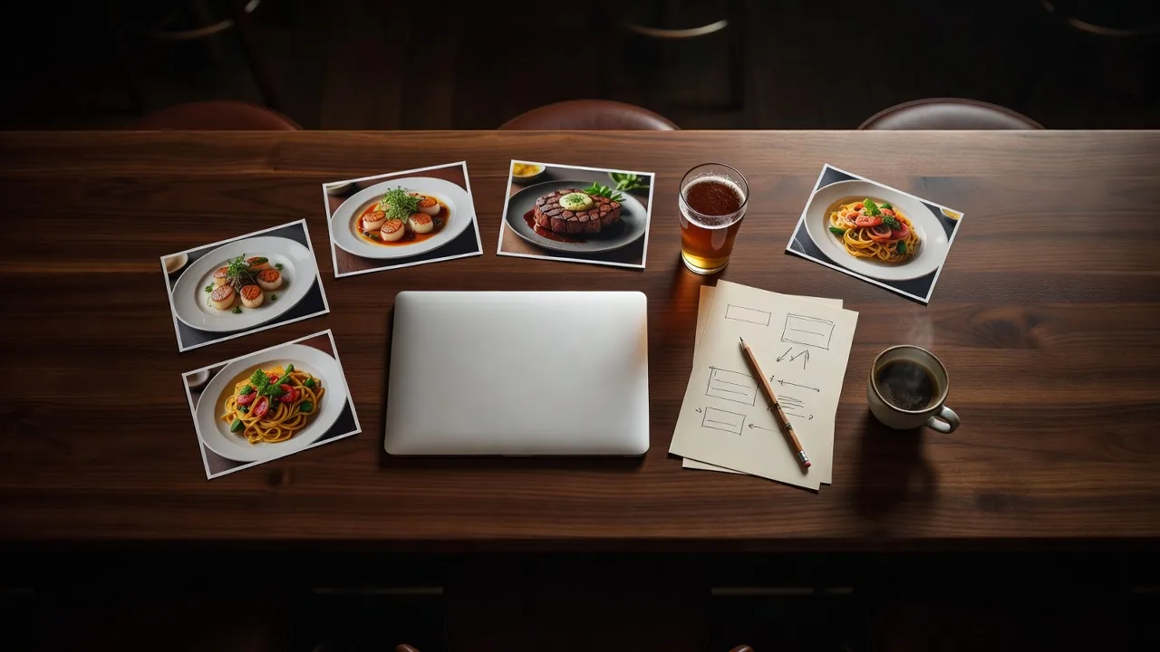 Printed food photos, a pint, a page layout sketch, a coffee and a closed laptop laid out on a walnut bar top