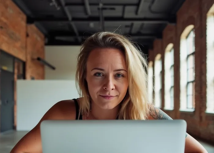Katie Rutten sitting at a laptop in a brick-walled office with tall arched windows, looking at the camera