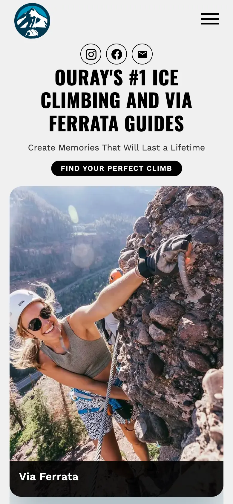 Basecamp Ouray's homepage on a phone: their ice climbing and via ferrata guide headline above a climber on a rock face