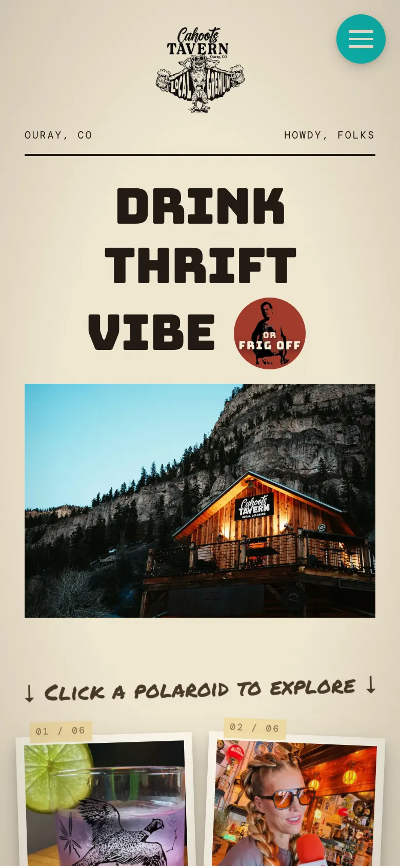 Cahoots Tavern's homepage on a phone: a cream page with the timber tavern lit up below a cliff at dusk