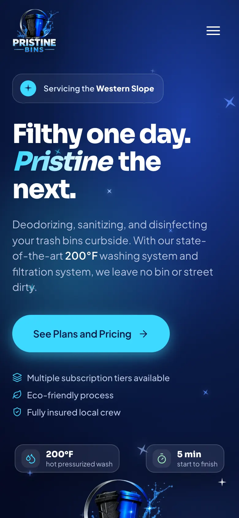 Pristine Bins' homepage on a phone: a dark blue page with a See Plans and Pricing button