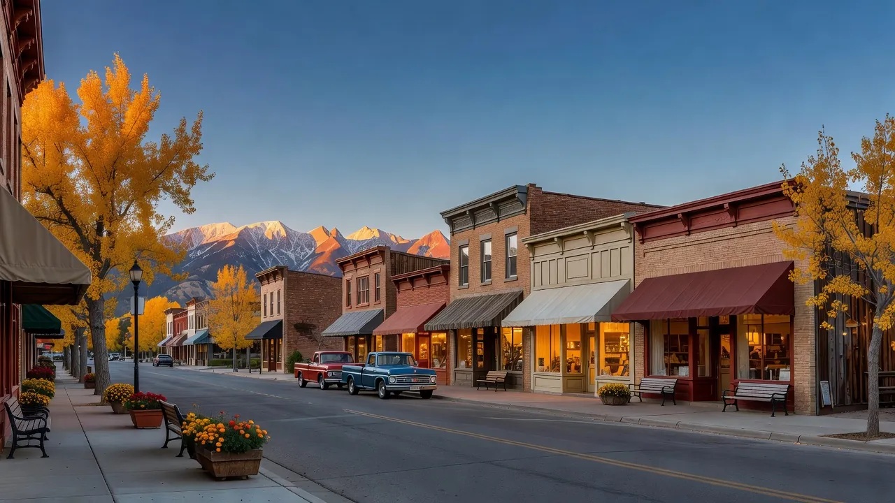 Brick and false-front storefronts on a mountain-town main street below the Sneffels Range at golden hour