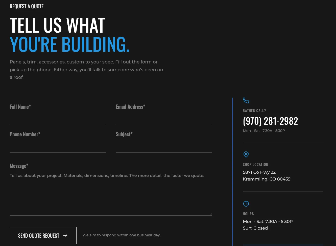Full Scope Metals quote request page: the form beside the shop's phone number, address and hours
