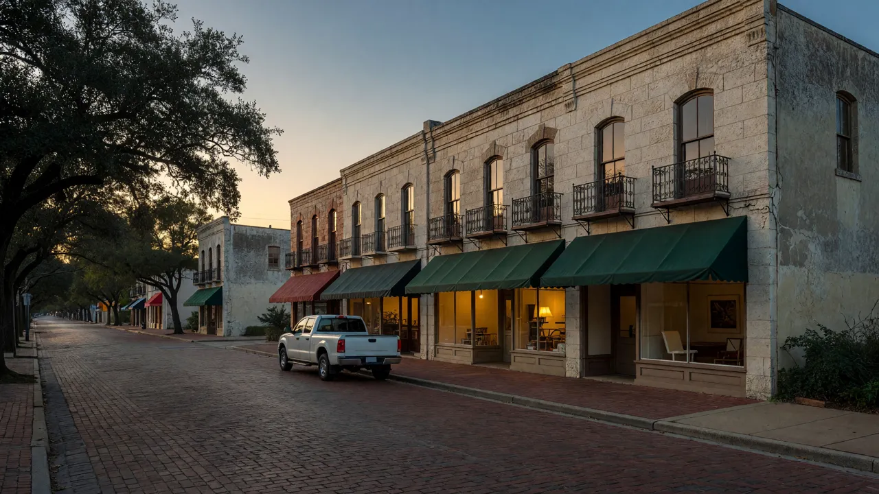 Limestone storefronts on Round Rock's historic Main Street at dusk, lit shop windows and a white work truck at the curb