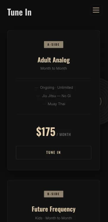 Analog Jiu Jitsu pricing on a phone: the adult monthly membership card with its price and a sign-up button