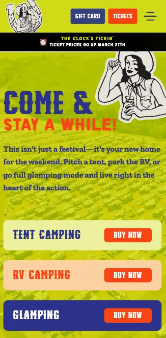 Cattle Country Festival camping page on a phone: tent, RV and glamping tiers stacked, each with a buy button