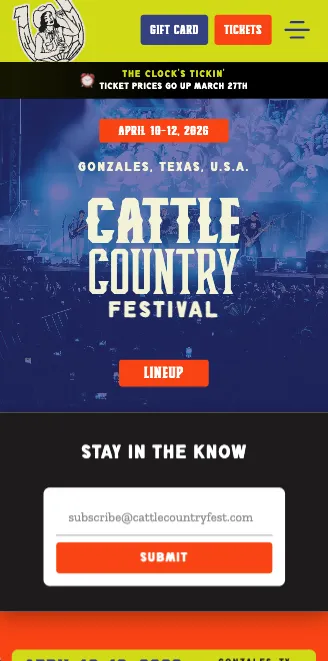 Cattle Country Festival homepage on a phone: festival name over a concert crowd, with ticket and lineup buttons