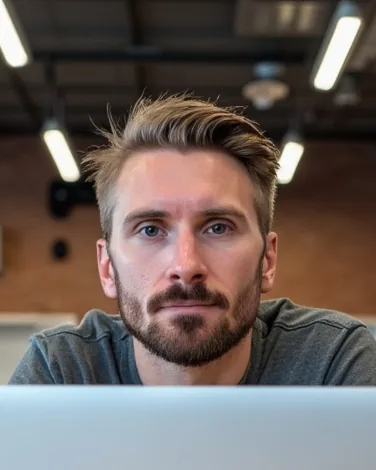 Kyle Rutten, who designs and builds every Bullfinch site, at a laptop in a brick-walled workspace