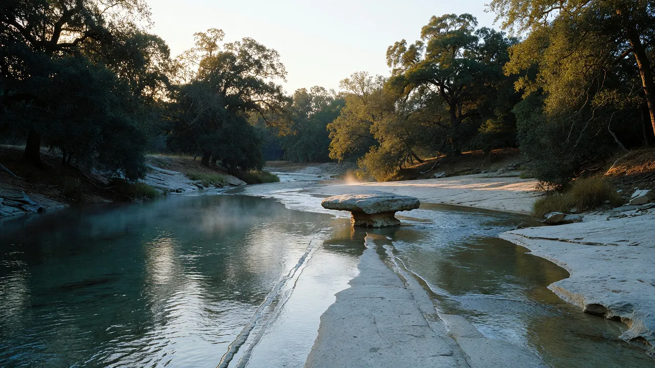 The round rock, a flat-topped limestone rock in Brushy Creek, Round Rock, at the old low-water crossing in early light