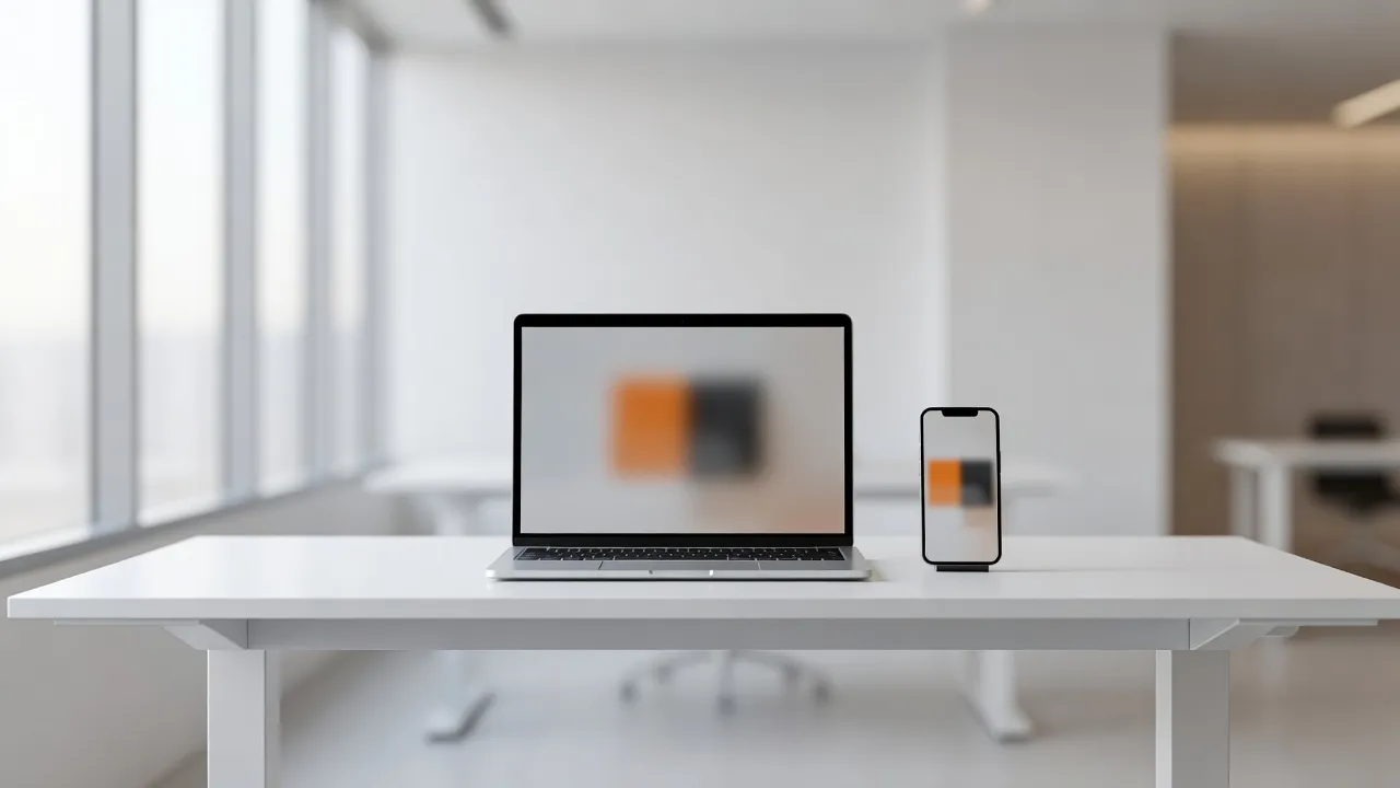 A laptop and a phone side by side on a white standing desk, both screens showing the same blurred orange page