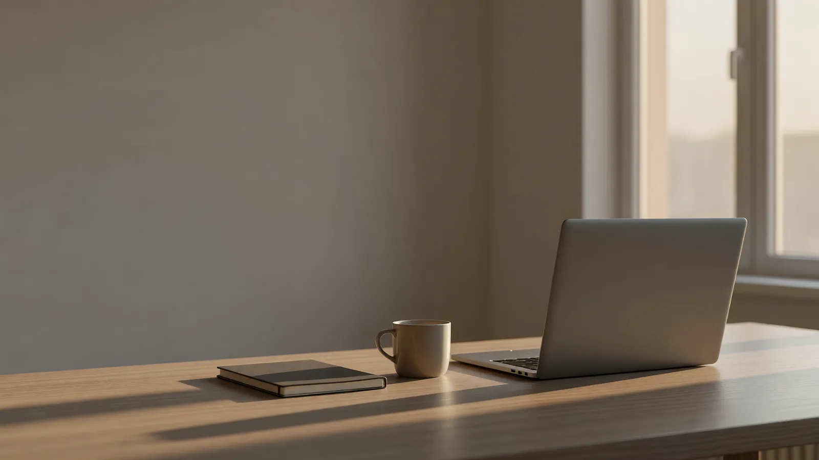 An open laptop on a light oak desk by a window in late-afternoon sun, a coffee cup and closed notebook beside it