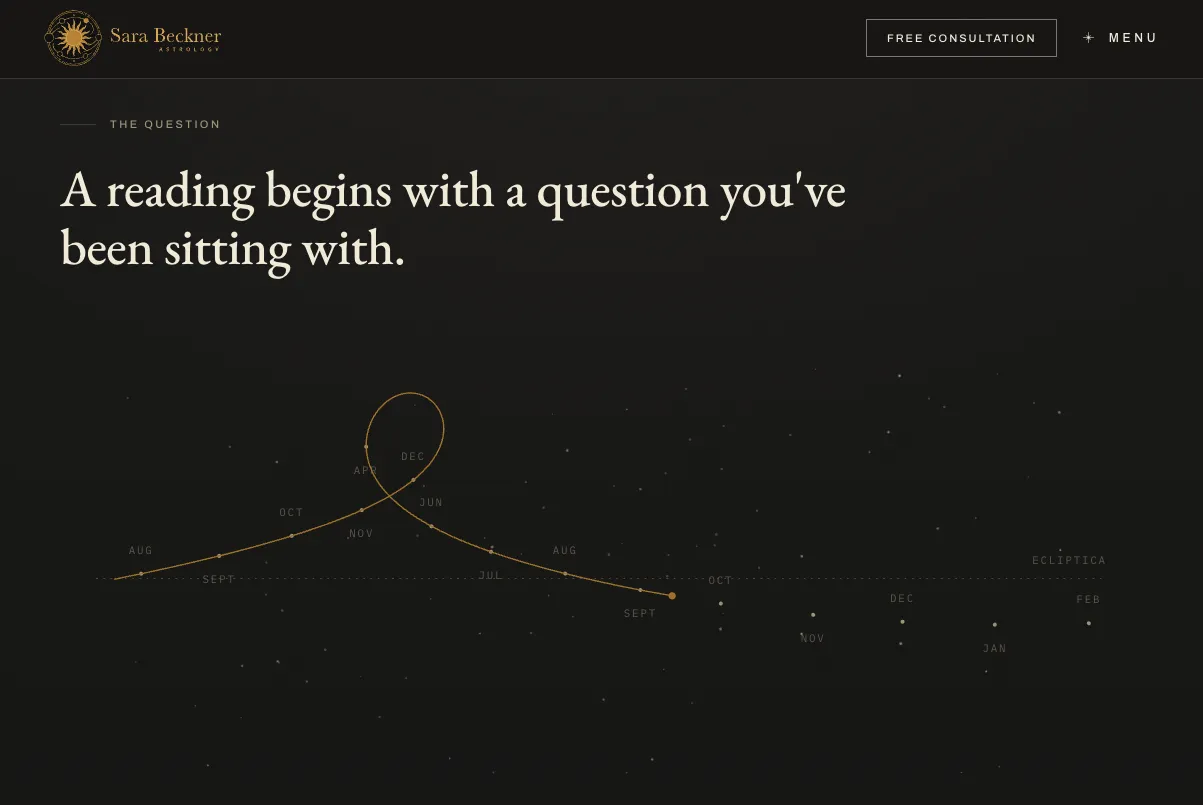 Sara Beckner's homepage: an upright serif headline over a gold orbit drawing on a dark star field