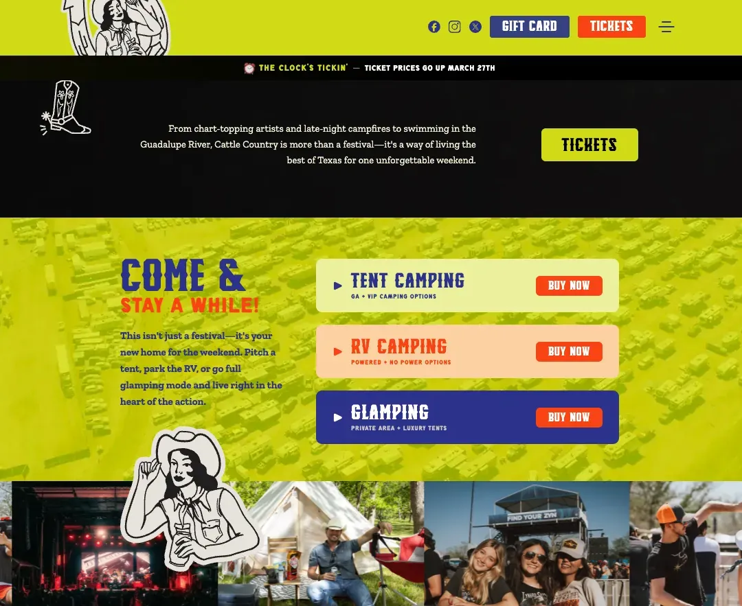Cattle Country Festival camping page: tent, RV and glamping tiers, each with a Buy now button, above crowd photos