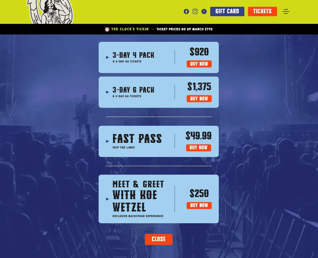 Cattle Country Festival group packages: ticket packs, fast pass and meet and greet, each with its price and Buy now