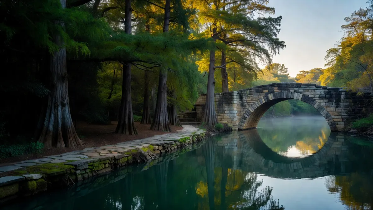 San Antonio River Walk at first light: cypress trunks, an arched limestone footbridge and still green water
