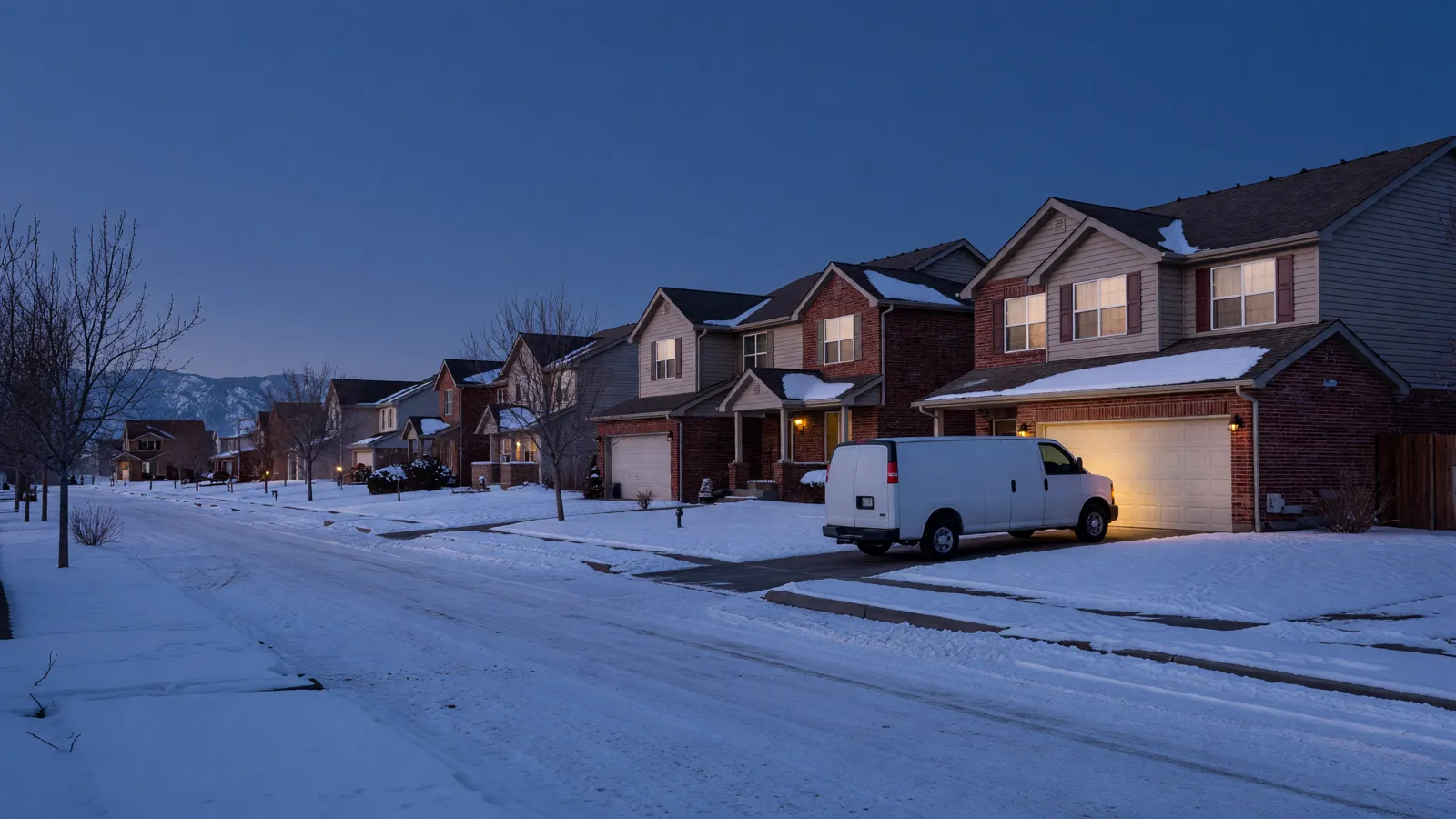 Two-story homes on a snowy street at dusk, a white work van parked in front of a lit garage