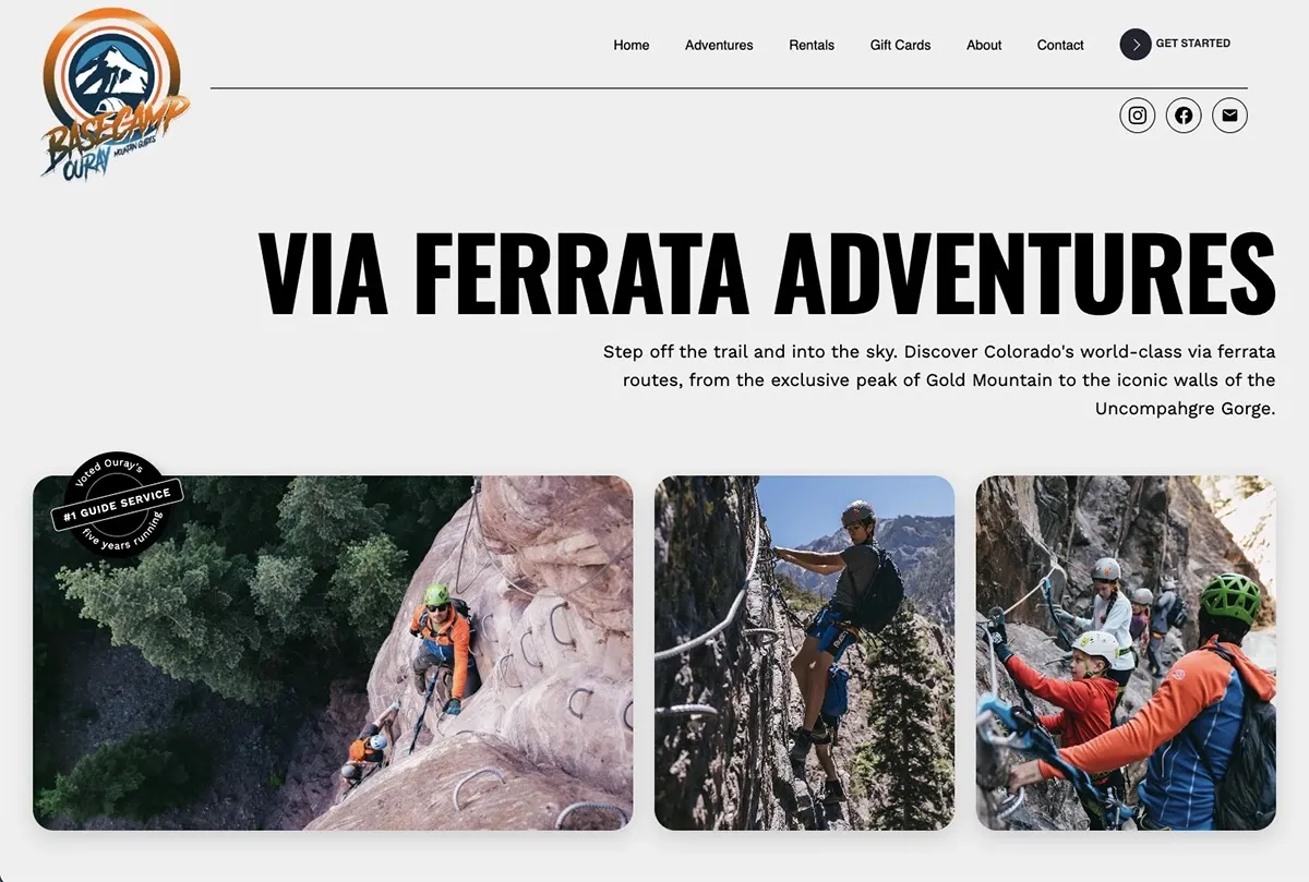 The rebuilt Basecamp Ouray homepage: a Via Ferrata Adventures headline over three photos of guided climbers in Colorado