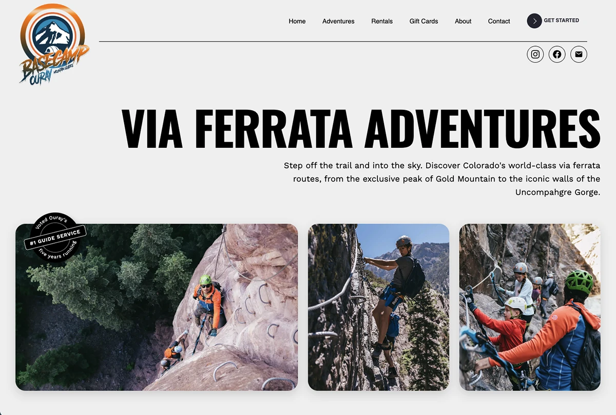 Homepage of the Basecamp Ouray site: climbers on via ferrata routes under a bold headline