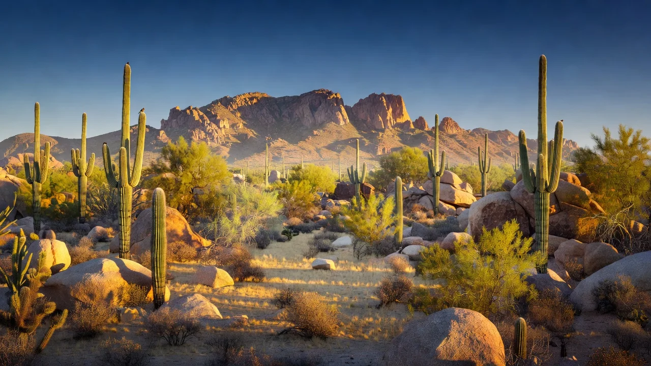 Saguaros and granite boulders below the McDowell Mountains at golden hour