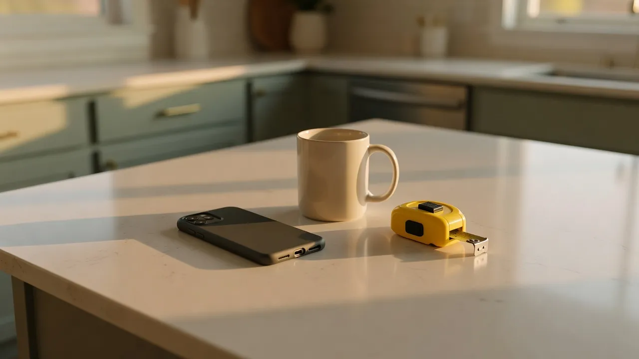 A phone face-down on a kitchen island beside a coffee mug and a yellow tape measure in evening light
