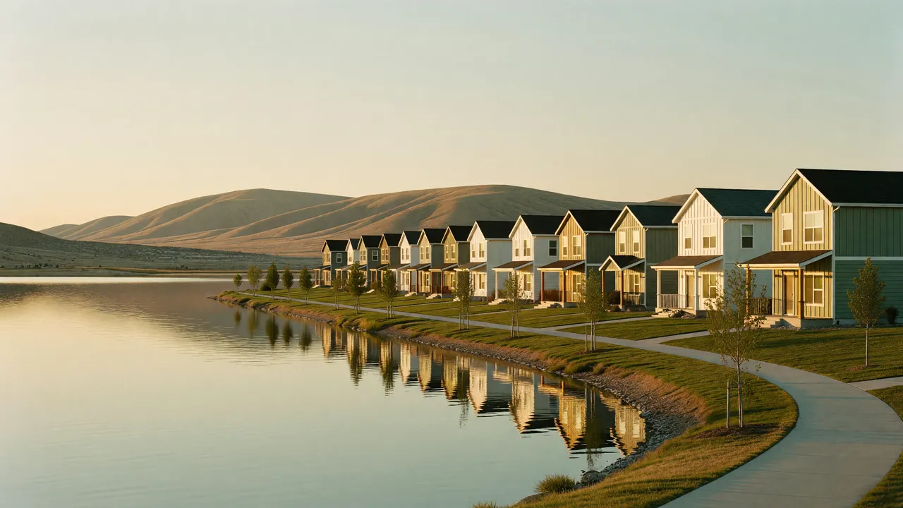 Two-story homes along Oquirrh Lake in South Jordan at golden hour, the Oquirrh Mountains behind them