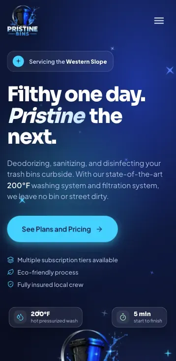 Pristine Bins homepage on a phone, marked as servicing the Western Slope, with a See Plans and Pricing button