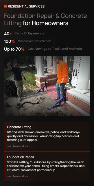 StrataLock's residential page on a phone: foundation repair and concrete lifting for homeowners