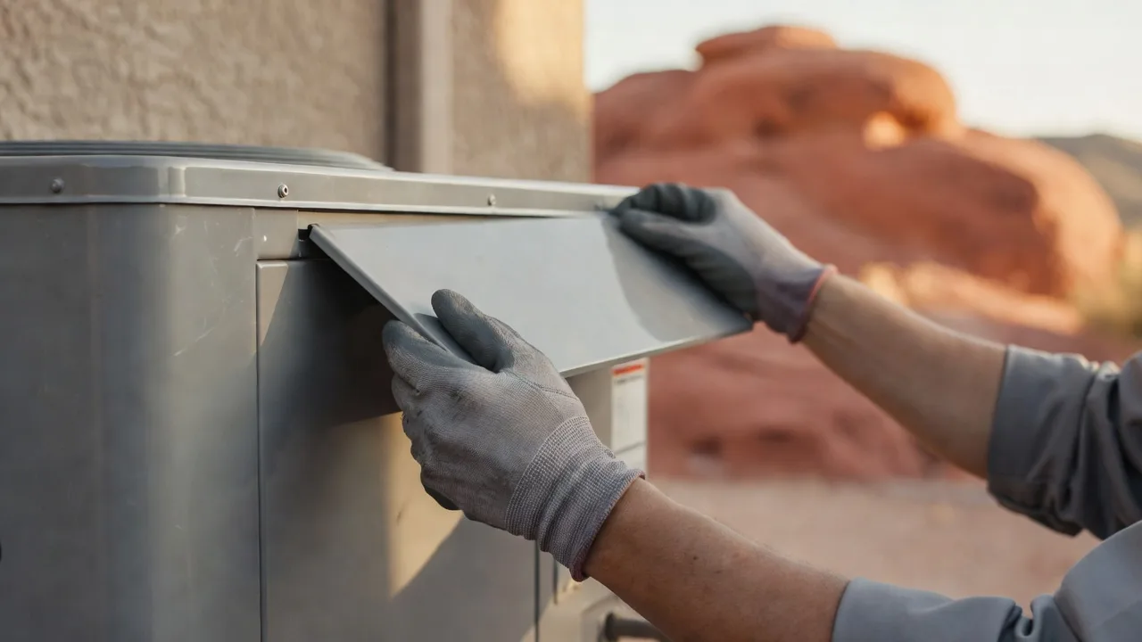 Gloved hands lifting the service panel off an outdoor air conditioner, red rock behind