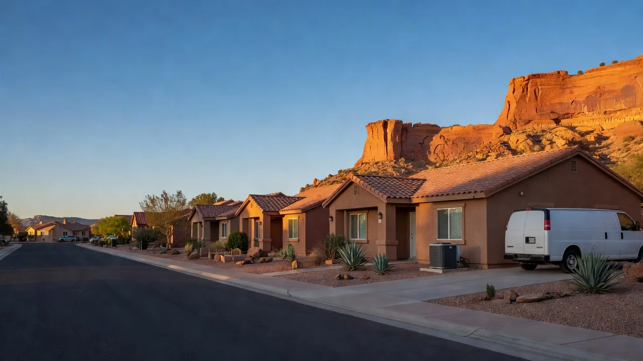 Tan stucco homes with tile roofs under a glowing red sandstone bluff at dusk, a white work van in one driveway