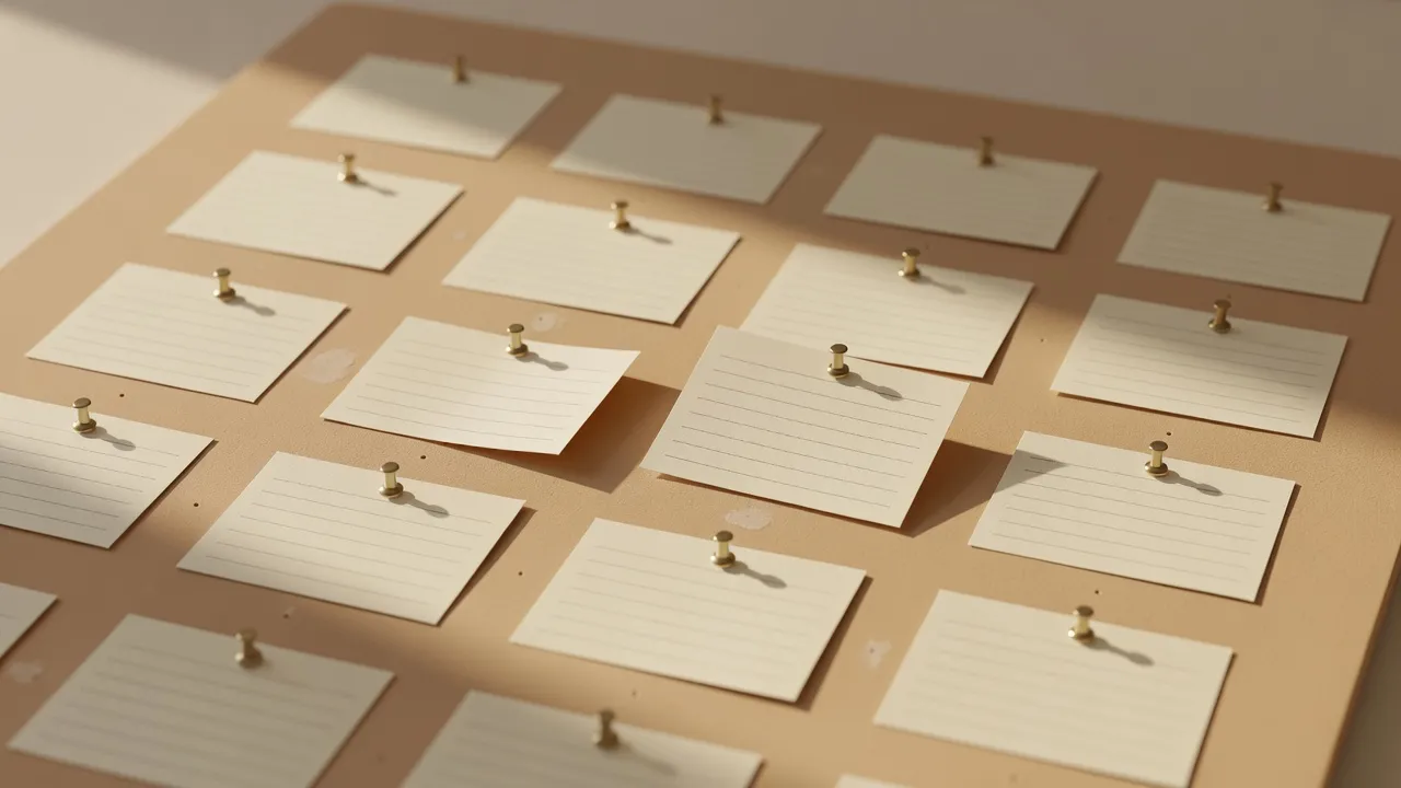 Blank cream index cards pinned in a loose grid on a cork board, two of them shifted to new spots in warm light