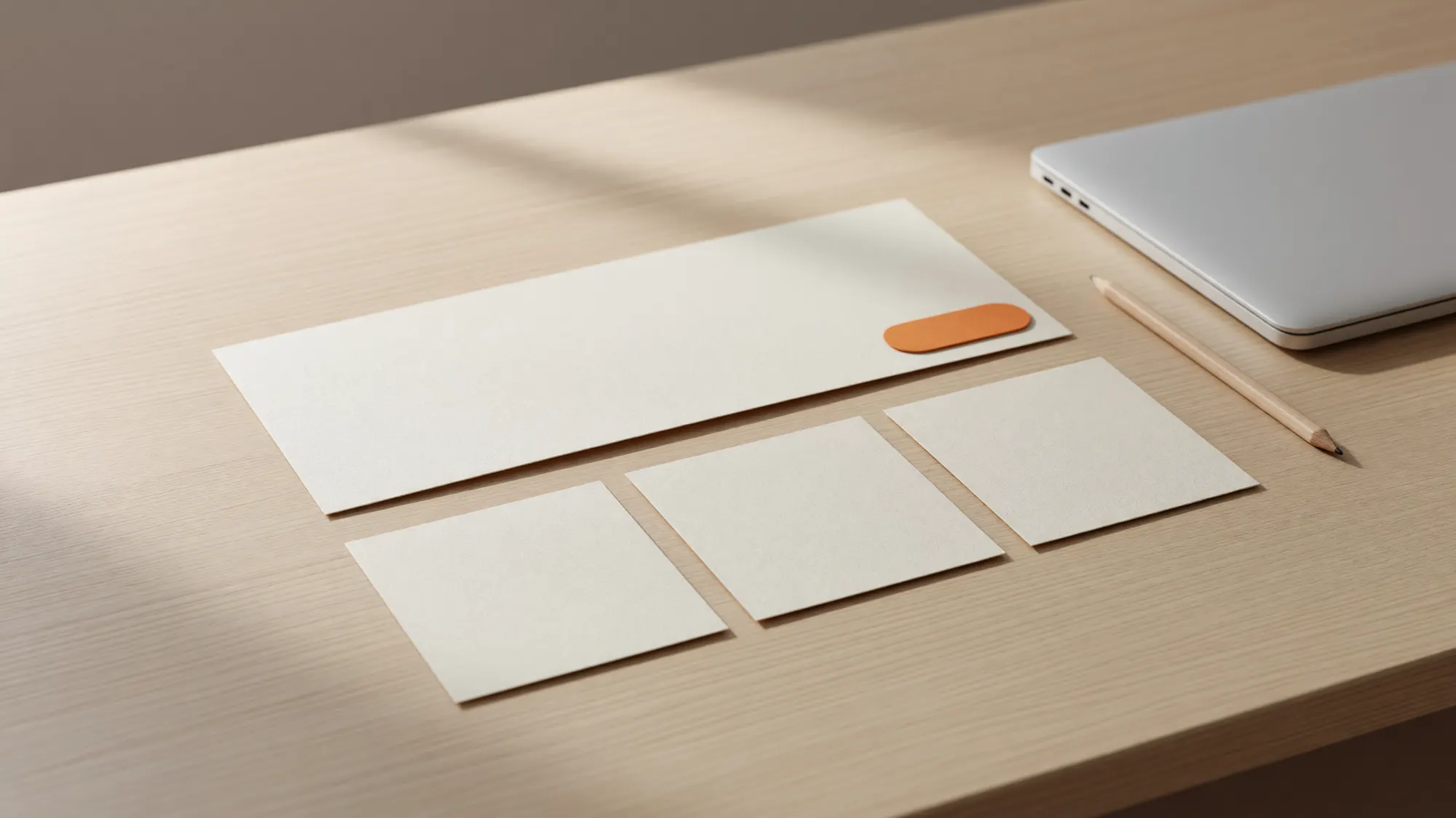 Paper cutouts of a headline, a button and three cards laid out like a web page on a desk beside a closed laptop