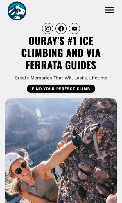 The Basecamp Ouray homepage on a phone: a headline about ice climbing and via ferrata guides, and a climber on a rock face.