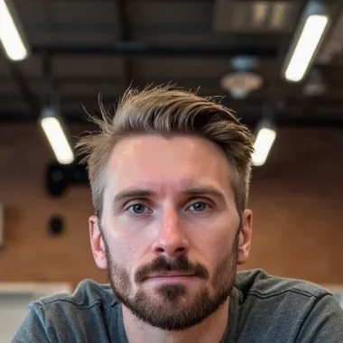 Kyle Rutten, short brown hair and a beard, looking at the camera in a brick-walled workspace.