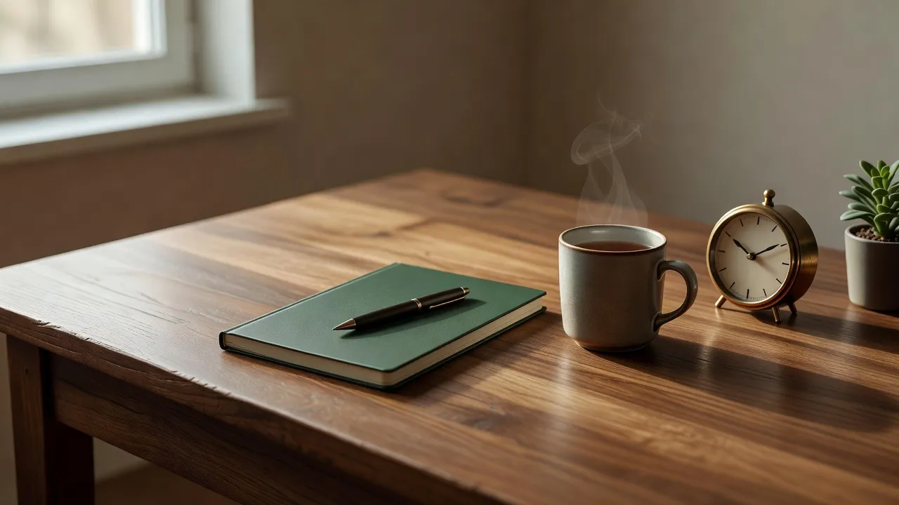 A wooden desk in soft daylight with a closed notebook and pen, a mug of tea, a small clock and a succulent