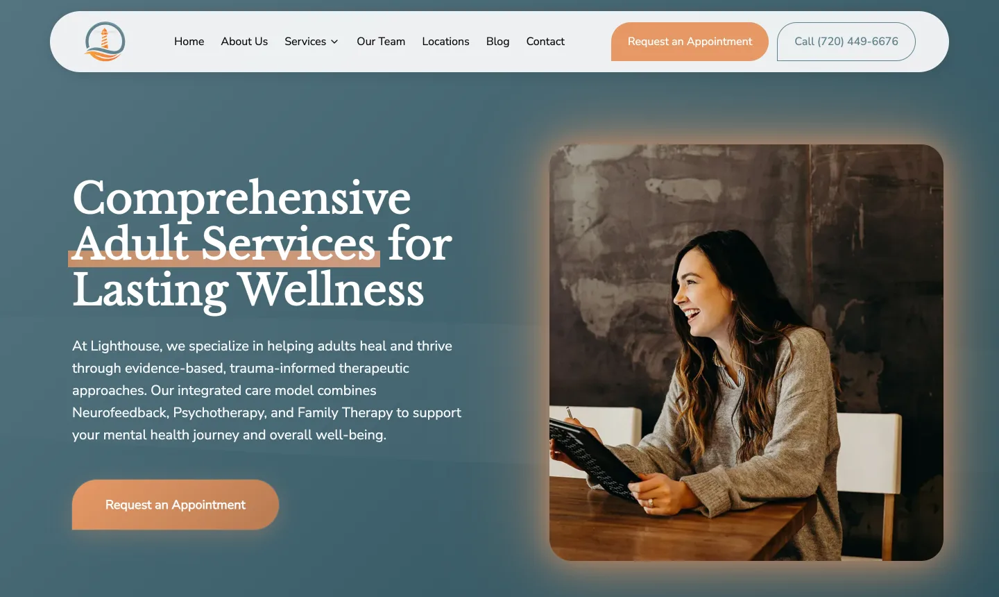 Screenshot of Lighthouse's page for adults: the services headline, a short intro and a Request an Appointment button