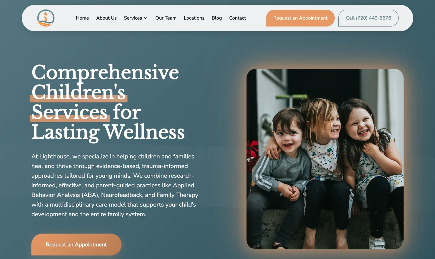 Screenshot of Lighthouse's page for children: its headline and a paragraph naming ABA, neurofeedback and family therapy