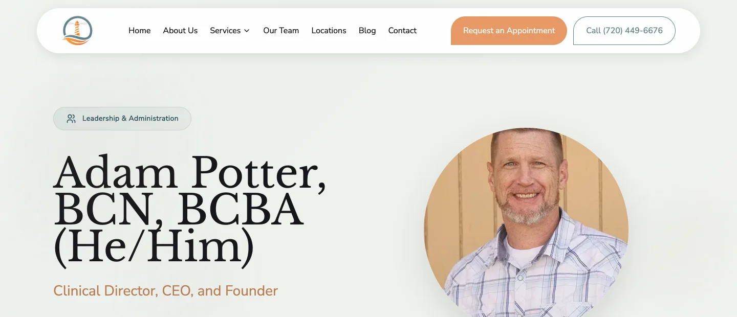 Screenshot of a clinician's page on Lighthouse's site, with name, credentials and pronouns as the heading and role beneath