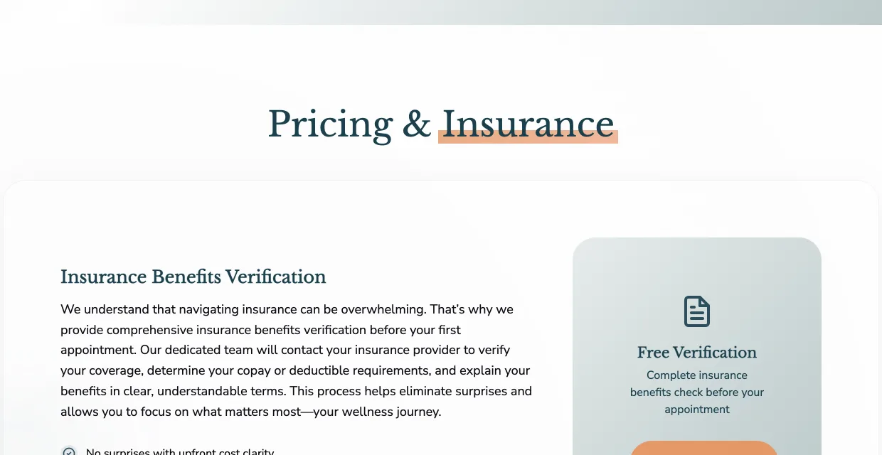 Screenshot of Lighthouse's insurance section: a note on checking coverage before a first visit and a Free Verification card